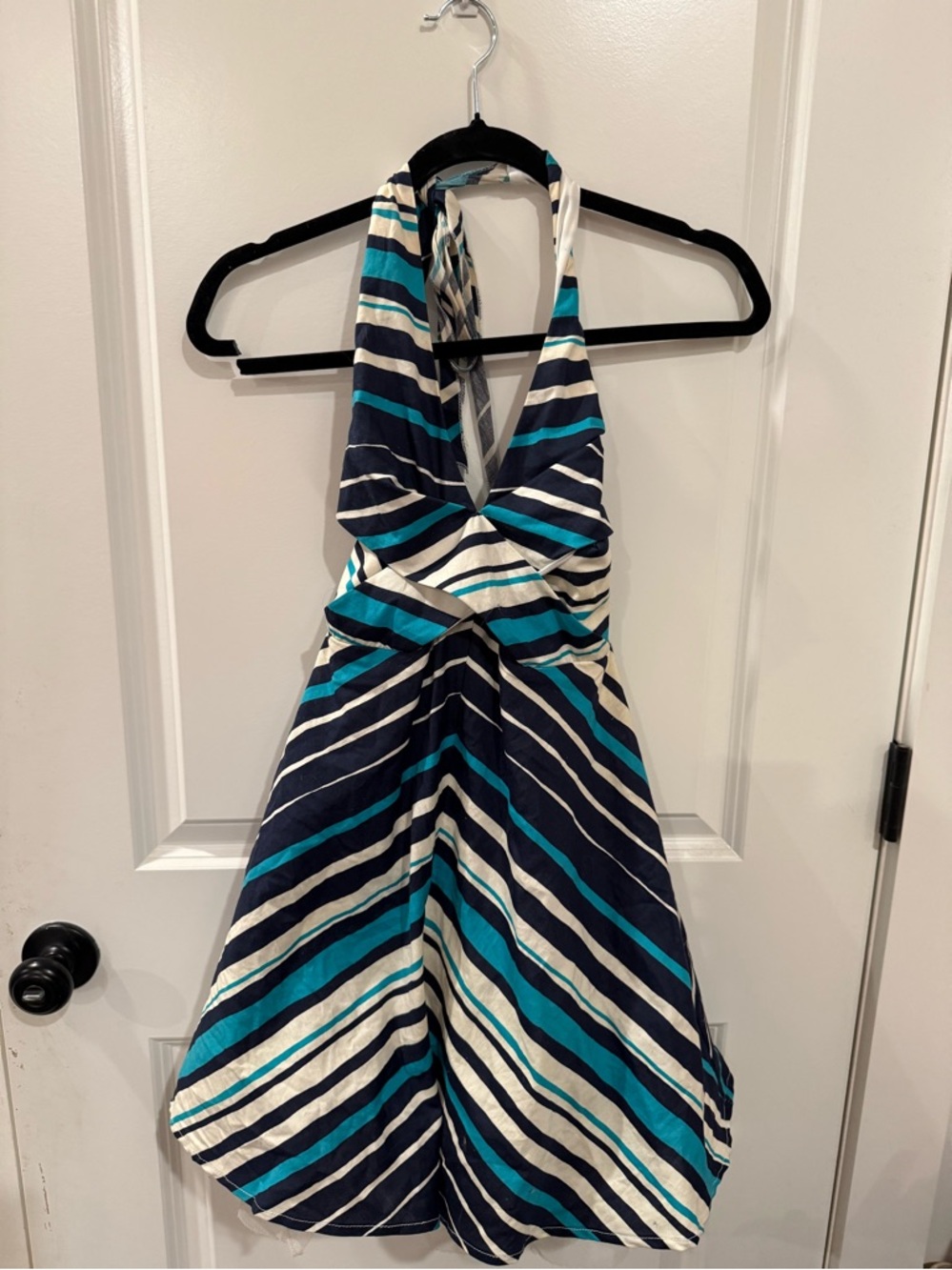 Ruby Rox Navy, Teal & White Striped Backless Halter Dress